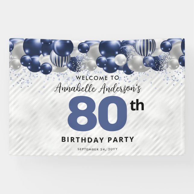 Navy Blue Silver Ballon 80. Geburtstag Willkommen Banner (Horizontal)