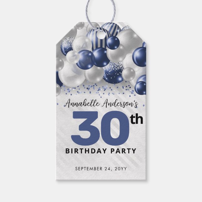 Navy Blue Silver Ballon Glitzer Gunst Birthday Geschenkanhänger (Vorderseite)