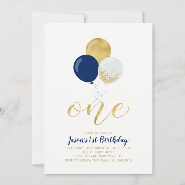 Navy Blue & Silver Ballons One 1st | Birthday Einladung (Vorderseite)