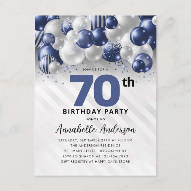 Navy Blue Silver Balloon Glitzer 70. Geburtstag Postkarte (Vorderseite)
