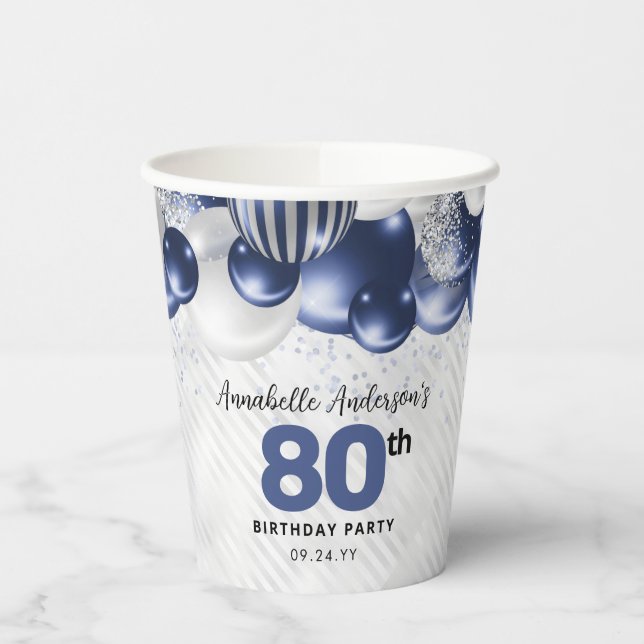 Navy Blue Silver Balloon Glitzer 80. Geburtstag Pappbecher (Links)