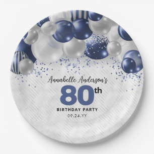 Navy Blue Silver Balloon Glitzer 80. Geburtstag Pappteller