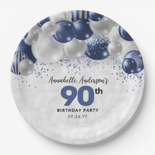 Navy Blue Silver Balloon Glitzer 90. Geburtstag Pappteller
