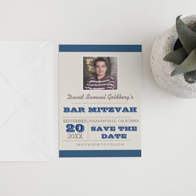 Navy Blue & Silver Bar Mitzvah Save the Date Ankündigungspostkarte (Von Creator hochgeladen)