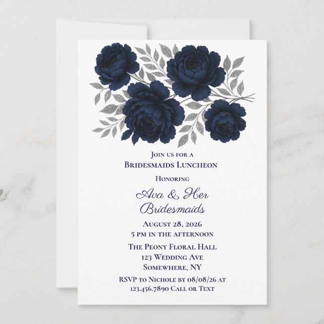 Navy Blue & Silver Blätter Bridesmaids Luncheon Einladung (Vorderseite)