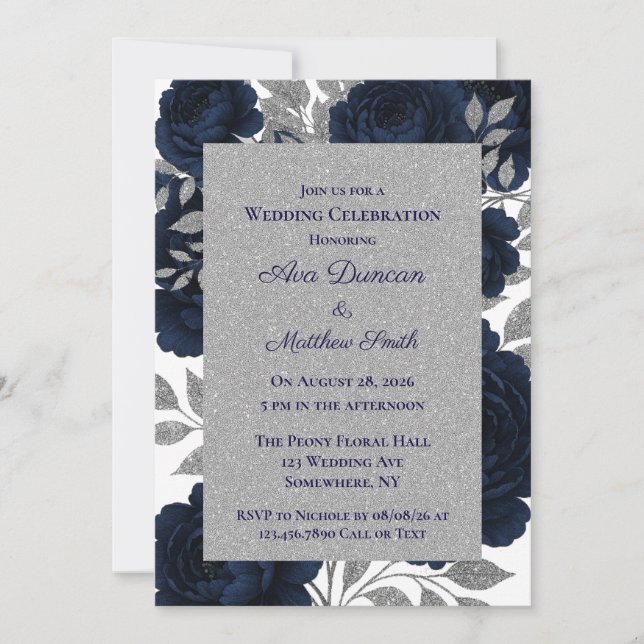 Navy Blue & Silver Blätter Hochzeiten Einladung (Vorderseite)