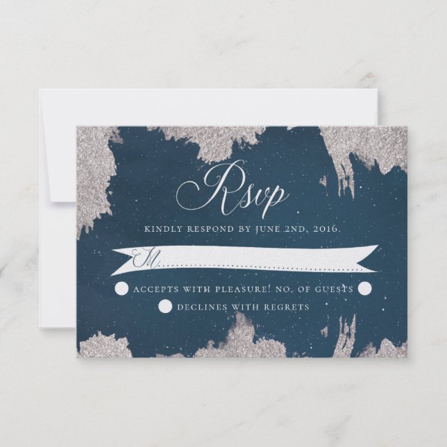 Navy Blue Silver Celestial Star Wedding RSVP Card Karte (Vorderseite)