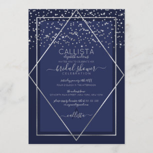 Navy Blue Silver Confetti Border Brautparty Einladung