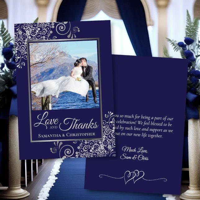 Navy Blue & Silver Curls Foto & Note Wedding Dankeskarte (Front/Back)