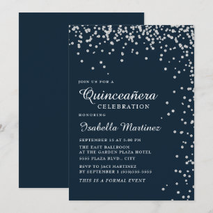 Navy Blue Silver Diamond Confetti Quinceañera Einladung