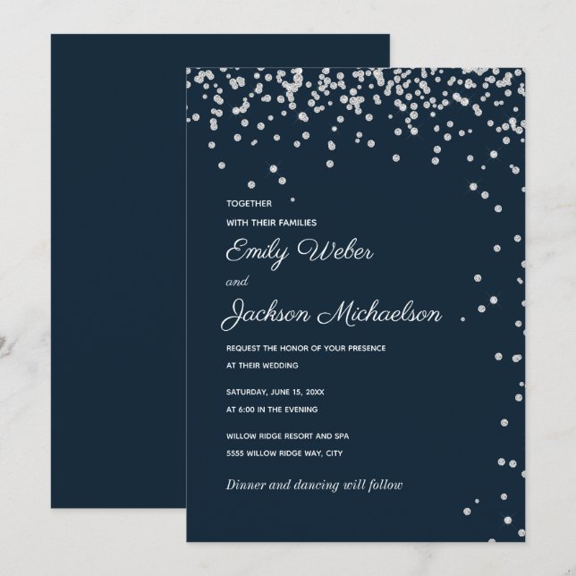 Navy Blue Silver Diamond Confetti Wedding Einladung (Vorne/Hinten)