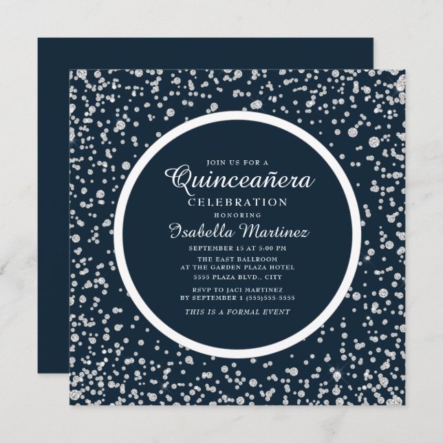 Navy Blue Silver Diamond Glitzer Quinceañera Einladung (Vorne/Hinten)