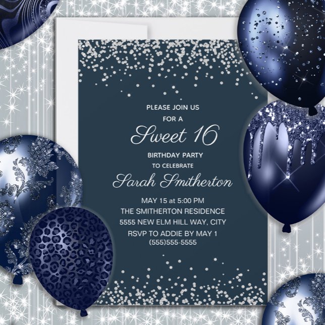 Navy Blue Silver Diamond Glitzer Sweet 16 Einladung (Navy blue silver glitter Sweet 16 birthday party invitation)