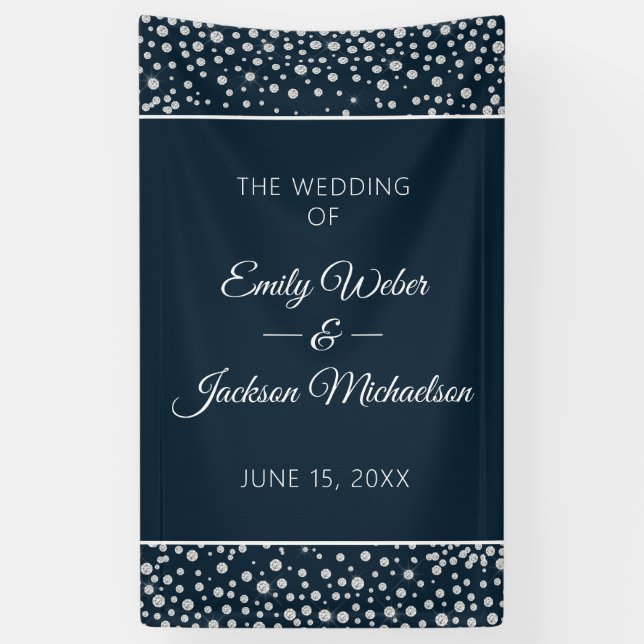 Navy Blue Silver Diamond Glitzer Wedding Banner (Vertikal)