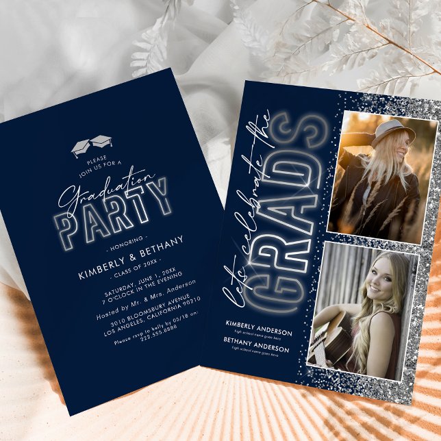 Navy Blue Silver Double Graduation Party Einladung (Von Creator hochgeladen)
