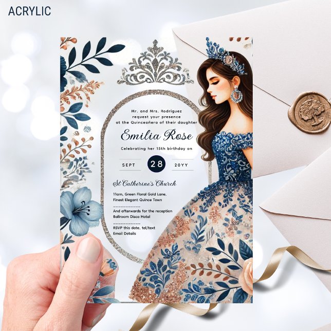 NAVY BLUE Silver Dress Quinceañera Blumengewirr Acryleinladungen (Von Creator hochgeladen)