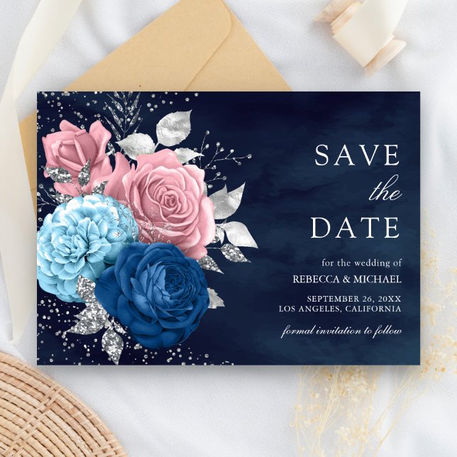 Navy Blue Silver Dusty Pink Floral Wedding Save The Date (Von Creator hochgeladen)