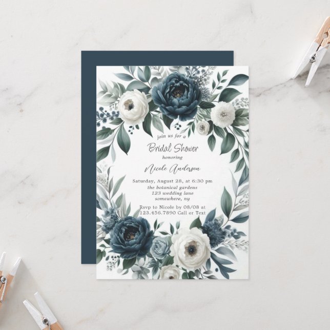 Navy Blue & Silver Elfenbeinblume Brautparty Einladung (Vorderseite/Rückseite Beispiel)