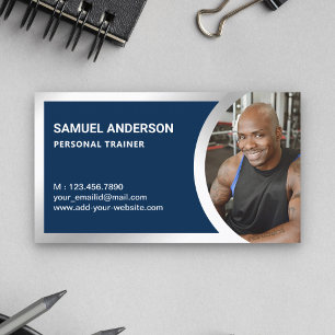 Navy Blue Silver Fitness Personal Trainer Foto Visitenkarte