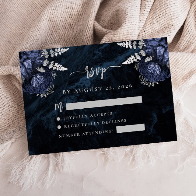 Navy Blue Silver Floral Agate Script Wedding RSVP Begleitkarte (Von Creator hochgeladen)