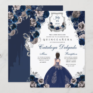 Navy Blue & Silver Floral Elegante Quinceañera Einladung