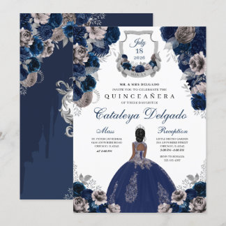 Navy Blue & Silver Floral Elegante Quinceañera Einladung