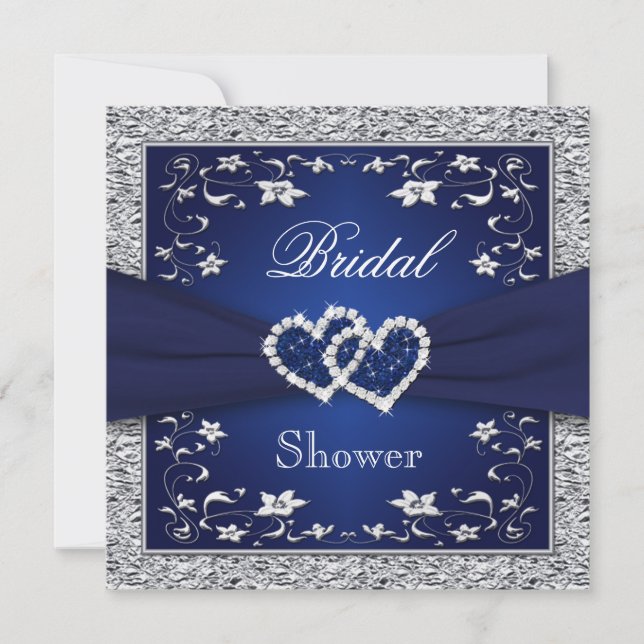 Navy Blue, Silver Floral, Hearts Brautparty Einladung (Vorderseite)