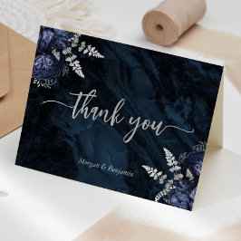 Navy Blue Silver Floral Script Wedding Dankeskarte