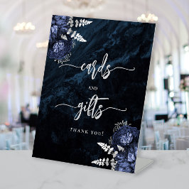 Navy Blue Silver Floral Wedding Cards Gifts Sockelschild