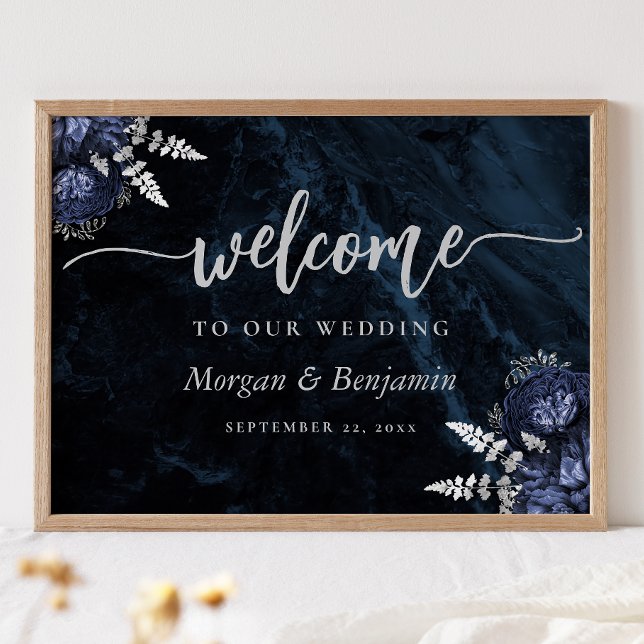 Navy Blue Silver Floral Wedding Welcome Poster (Von Creator hochgeladen)