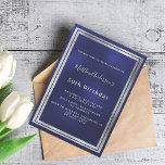 Navy Blue Silver Geburtstag Einladung<br><div class="desc">Eine trendige,  moderne 50. Geburtstagskarte für Männer,  Typ und Männer. Ein marineblauer Hintergrund. Die blaue Farbe ist ungleichmäßig. Mit einem Imitat silbernen Rahmen. Personalisieren Sie Ihren Namen und Ihre Party-Daten und fügen Sie diese hinzu. Zurück: blauer Hintergrund</div>