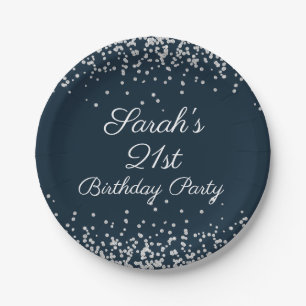 Navy Blue Silver Glitzer 21. Geburtstag Party Pappteller