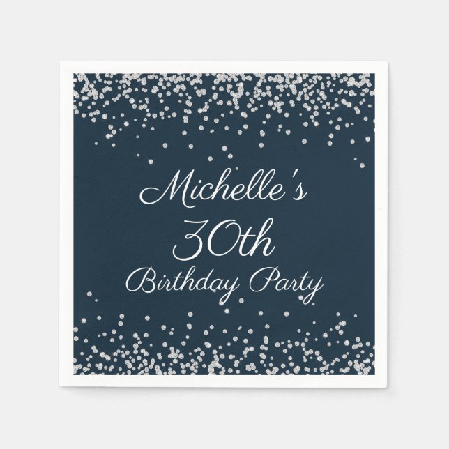 Navy Blue Silver Glitzer 30. Geburtstag Party Serviette (Vorderseite)