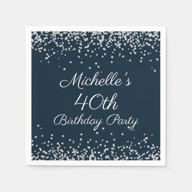 Navy Blue Silver Glitzer 40. Geburtstag Party Serviette (Vorderseite)