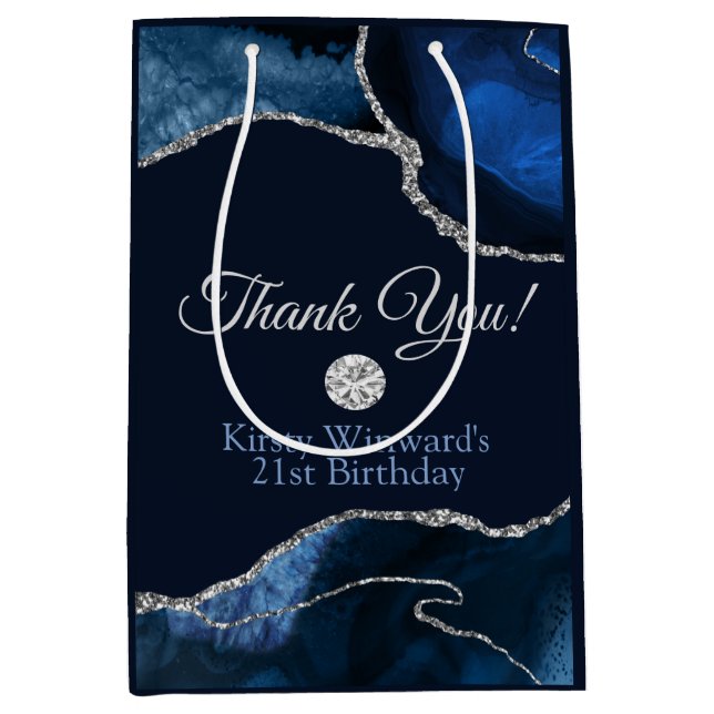 Navy Blue Silver Glitzer Agate Birthday Vielen Dan Mittlere Geschenktüte (Vorderseite)