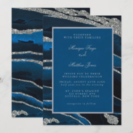 Navy Blue & Silver Glitzer Agate Wedding Einladung