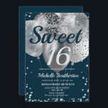 Navy Blue Silver Glitzer Ballon Sweet 16 Geburtsta Karte<br><div class="desc">Elegantes Marineblau mit silberfarbenem Glitzer und Silberballons 16. Geburtstagsfeier Einladung für Teenager. Akzent mit Leopardenprint und Diamant-Glitzer. Kontaktieren Sie uns für Hilfe bei der Anpassung oder um passende Produkte anzufordern.</div>