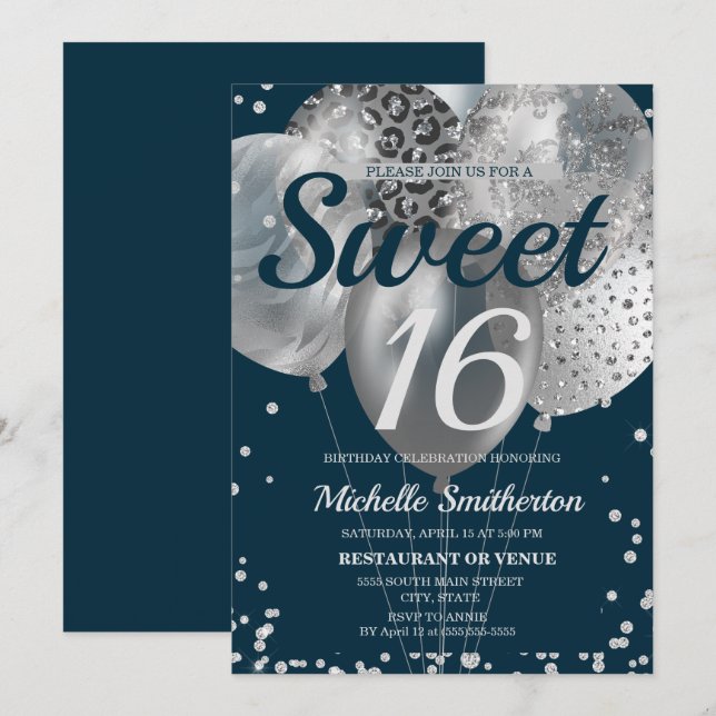 Navy Blue Silver Glitzer Ballon Sweet 16 Geburtsta Karte (Vorne/Hinten)