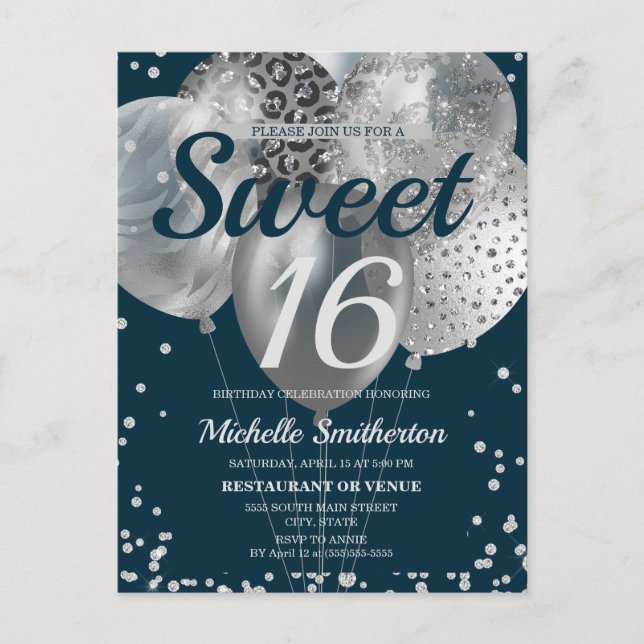 Navy Blue Silver Glitzer Balloons Sweet 16 Postkarte (Vorderseite)