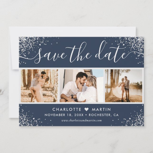 Navy Blue Silver Glitzer Confetti Wedding 3 Foto Save The Date (Vorderseite)