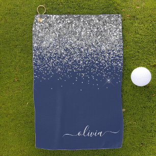 Navy Blue Silver Glitzer Girl Monogram Name Golfhandtuch