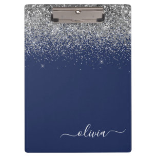 Navy Blue Silver Glitzer Girl Monogram Name Klemmbrett