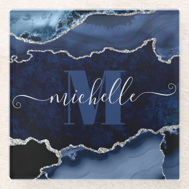 Navy Blue & Silver Glitzer Marbour Agate Monogram Glasuntersetzer (Vorderseite)