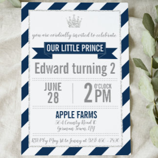 Navy Blue Silver Glitzer Prince Birthday Einladung