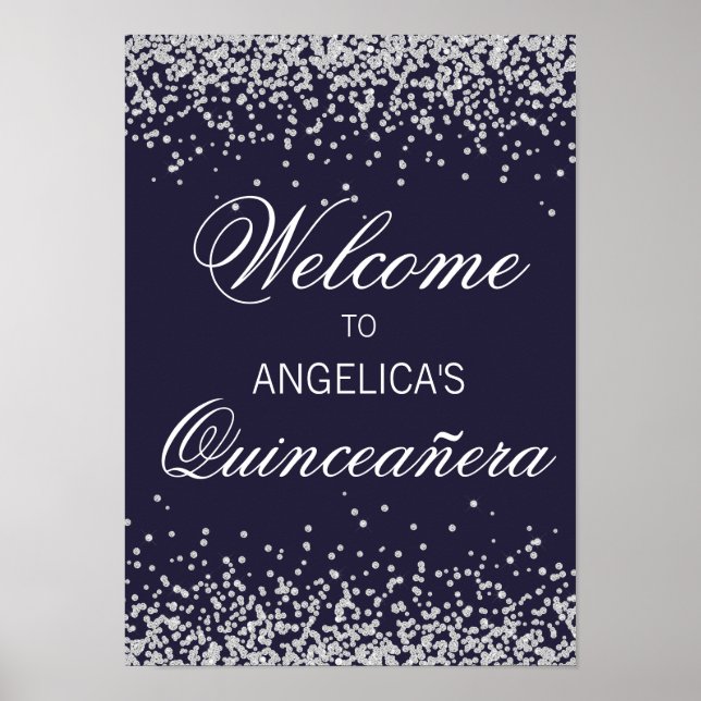 Navy Blue Silver Glitzer Quinceañera Willkommen Poster (Vorne)