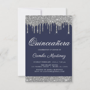 Navy Blue Silver Glitzer Quinceñera Celebration Einladung