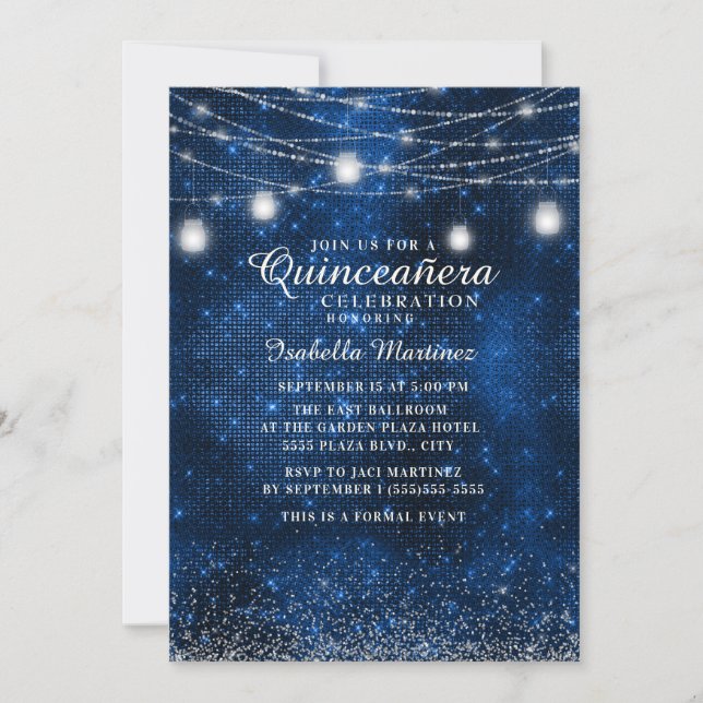 Navy Blue Silver Glitzer String Light Quinceañera Einladung (Vorderseite)