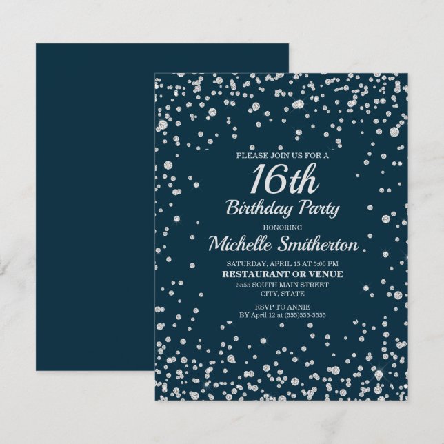 Navy Blue Silver Glitzer Sweet 16 Geburtstag Karte (Vorne/Hinten)