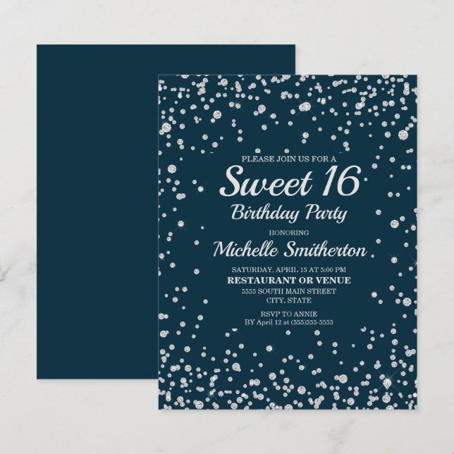 Navy Blue Silver Glitzer Sweet 16 Geburtstag Karte (Vorne/Hinten)