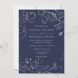 Navy Blue & Silver Gray Floral Moderne Hochzeit Einladung